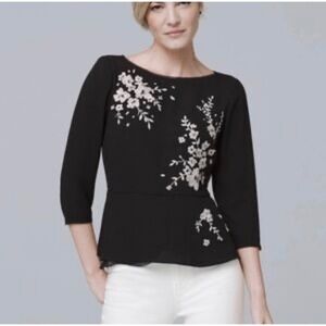 White House Black Market Black Embroidered Peplum Top 3/4 Sleeve Women's Size 12